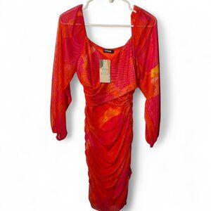 Abstract Mesh Ruched Bodycon Dress – Red/Orange – NWT – Women’s M